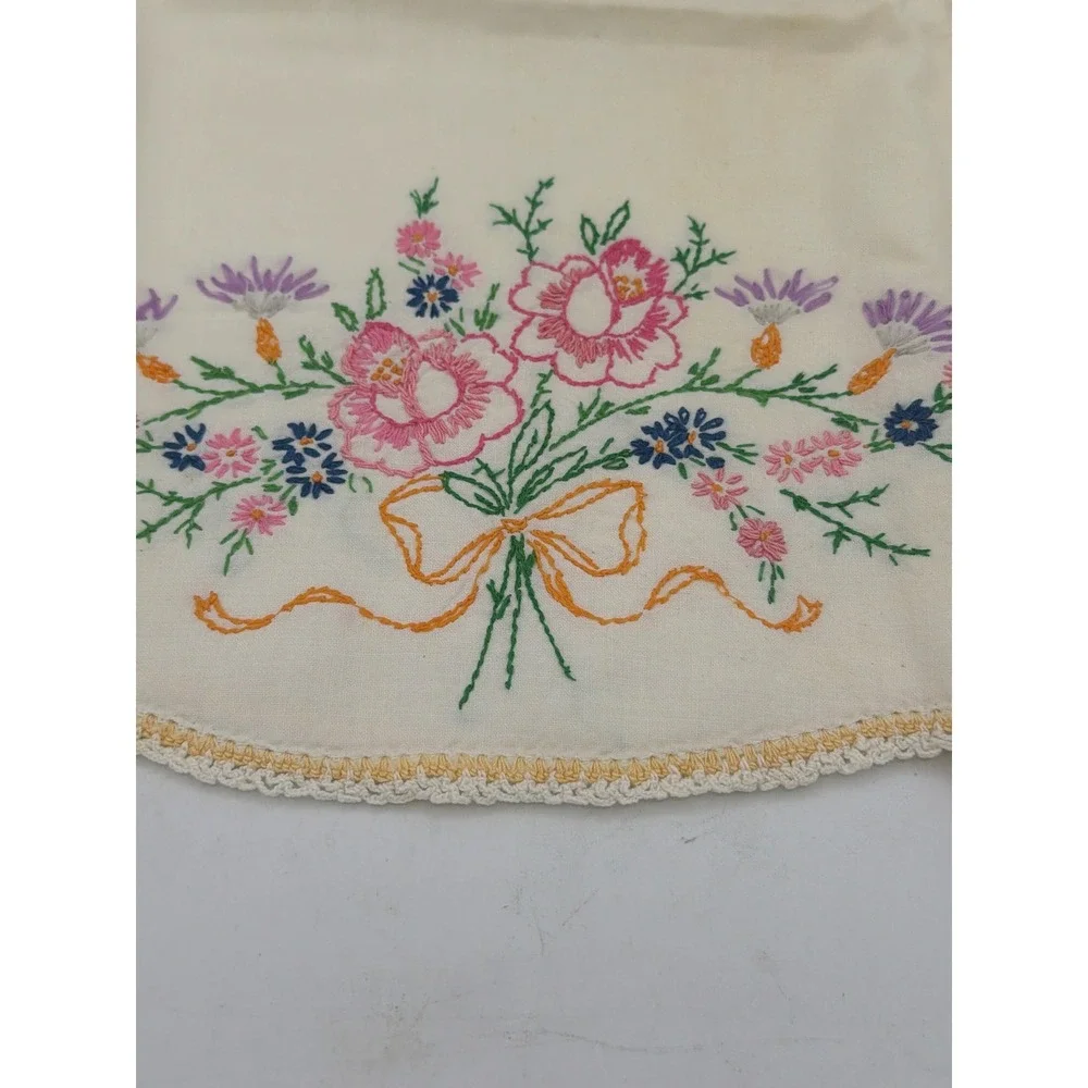 Vintage Hand Embroidered Floral Linen Pillowcase Scalloped Crochet Lace Cream